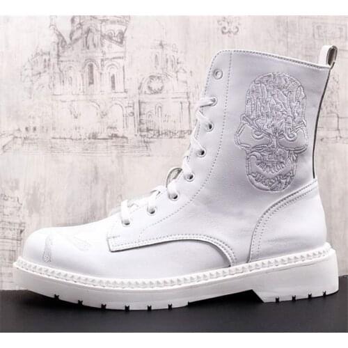 Skull Boots For Men High Top Streetwear Shoes Soft Genuine Leather Winter Mens Shoes 7#20/10e50