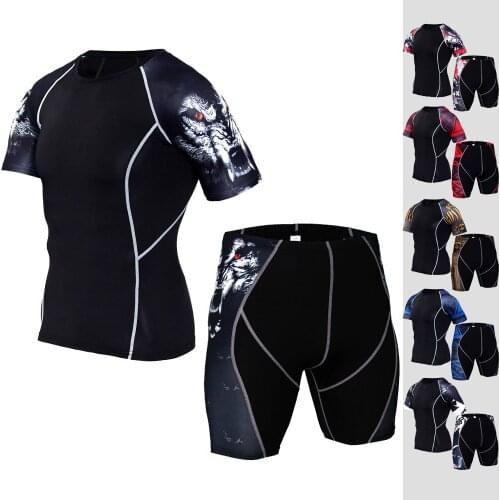 3D Wolf Tights Running Set Mens Run jogging Sports Suits Short Sleeve Fitness T Shirt+Shorts Sport Sets Summer Gym Short Suits