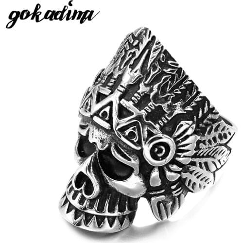 GOKADIMA Stainless Steel Skull Rings Indian Tribe Chiefs Head Punk Rock Men Ring Jewelry WR308