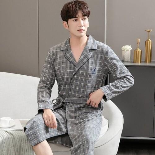 2021 Autumn Winter Plus Size Long Sleeve Cotton Robes for Men Korean Casual Plaid Sleepwear Bathrobe Male Homewear Home Clothes