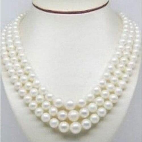 HUGE PERFECT 3ROWS 9-10MM NATURAL ROUND SOUTH SEA WHITE PEARL NECKLACE 14k/20 j