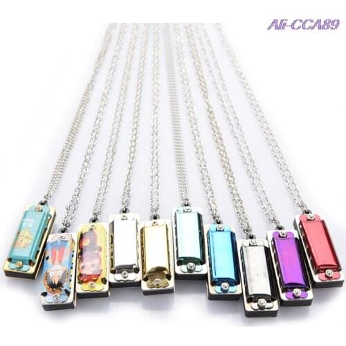 Mini 4 Hole 8 Tone Harmonica Metal Necklace Design Chain Toy Gift Color Random