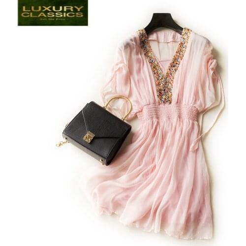 Real 100% Summer Dress Silk Ladies Boho Dress Women Clothes 2021 Vintage Elegant Sexy Vneck Dresses Vintage Long Vestido