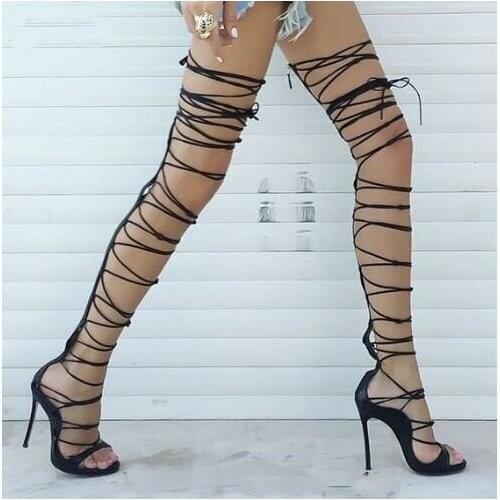 Sestito 2018 Woman Sexy Cut-outs Seude Gladiator Sandals Boots Ladies Peep Toe Lace-up Thin High Boots Girls Over-the-knee Boots