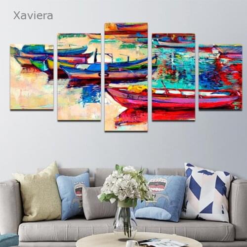 Nordic Landscape Canvas Painting Modern Art Poster River Boat Color Graffiti Mural Home Decoration Picture Five-Piece Frameless