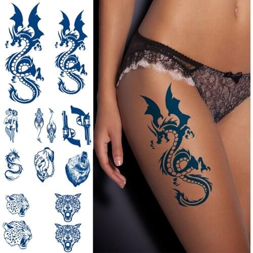 Dragon Tattoo Temporary Waterproof 2 Weeks Man Rose Snake Tattoo Juice Sticker Tiger Fox Fake Flower Tattoo Decal For Women Girl
