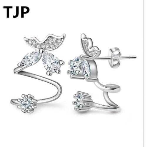 TJP Fashion 925 Sterling Silver Stud Earrings For Women Party Jewelry Shiny Crystal Zircon Flower Female Earrings Girl Lady Gift