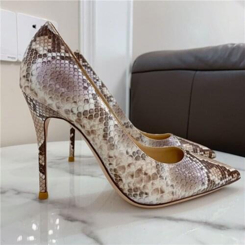 Newest Python Leather High Heel Pumps Shallow Snakeskin Printed Leather Stiletto Heel Dress Shoes Pointed Toe 12CM Party Shoes