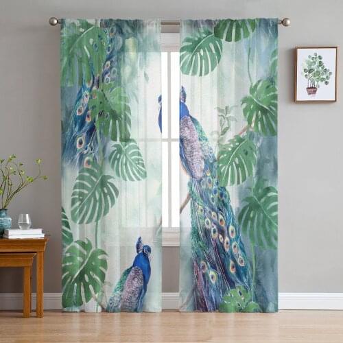 Peacock Watercolor Leaves Tulle Curtains For Living Room Bedroom Voile Curtain Home Decoration Sheer Balcony Door Curtain