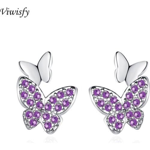 Viwisfy Cute Butterfly Studs Earring Real 925 Sterling Silver Earrings For Girl Vintage Crystal Stud Earrings Women VW21025