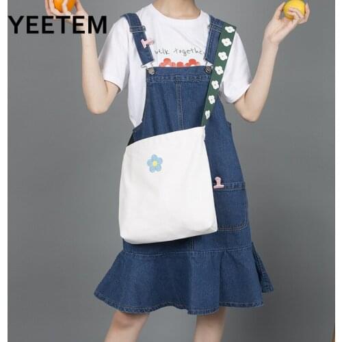 Japan simple canvas bag flower canvas student bag wide shoulder strap decompression student casual large capacity bag