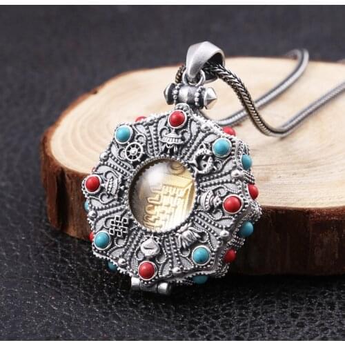 New 100% S925 Silver Jewelry Retro Good Luck Eight Treasures Buddhism Open Lid Gawu Box Personality Man and Woman Pendant