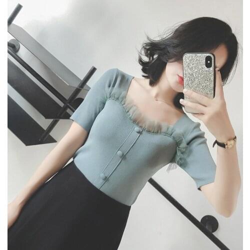 Knitted Slim Solid Color Square Neck Wooden Ears Short-sleeved T-shirt Womens All-match Short Top