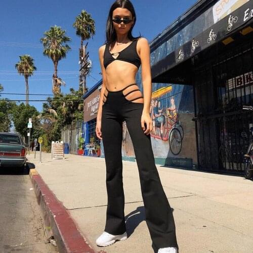 Women Black Sexy Cut Out Holes Pants Slim Fitness Sweat Pants Flare Hollow Out Trousers Streetwear Vintage Streetwear Capris