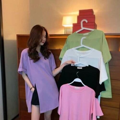 Korean Style Summer Women T shirts Short Sleeve Split Edge Loose Plus Size Women T-shirts Solid Tops