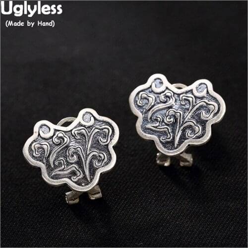 Uglyless Real 990 Fine Silver Women Ethnic Fine Jewelry Engrave Orchid Grass Stud Earrings Vintage Jewelry Ethnic Brincos Bijoux