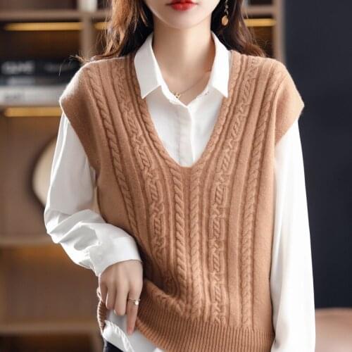 2021 womens autumn and winter new cashmere sweater vest V-neck 100% pure wool sweater vest women loose pullover sleeveless top