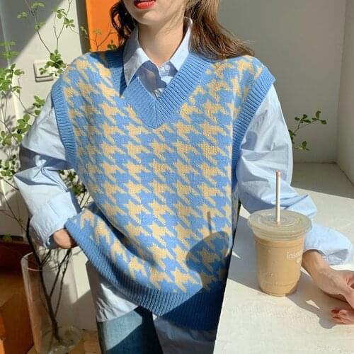 2021 Autumn Winter Houndstooth Sweater Vest Women Korean Sleeveless Knitting Vest V-neck Vintage Sweaters Kawaii Girl Loose Tops