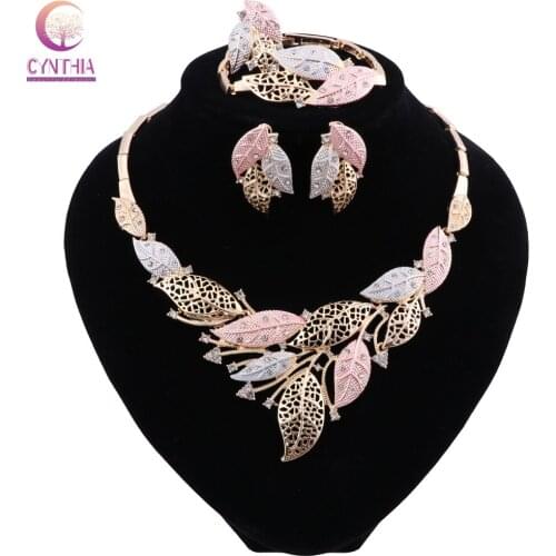 CYNTHIA Nigerian Wedding African Costume Leaves Shape Jewelry Set Dubai Gold Necklace for Women Party Ethiopia Jewelry Sets