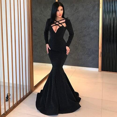 Sexy Balck Mermaid Eveniing Dresses 2021 Formal Party Gowns for Women Sequined Long Sleeve Beauty Pageant Celebrity Dresses