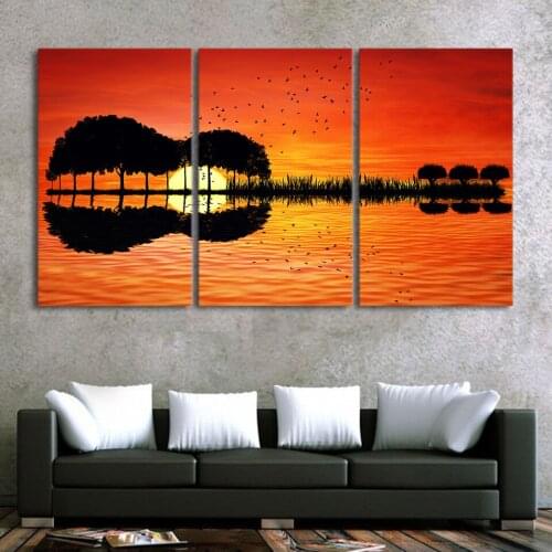3 Canvas Wall Art HD Print Guitar Tree Lake Sunset Painting Room Decoration Print Poster Images Free Shipping