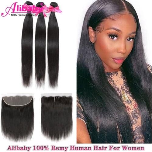 Alibaby 3 Bundles Brazilian Straight Hair Bundles With Frontal Closure Pre Plucked 13×4 Lace Frontal Closure With Bundles Remy