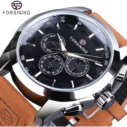 Forsining 3 Dial Automatic Watch Mens Mechanical Watches Black Calendar Display Clock Fashion Luminous Male Wristwatches Reloj