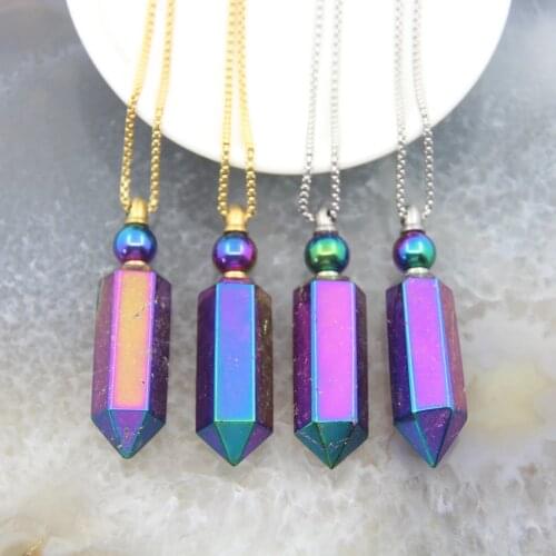 Natural Quartz Titanium Rainbow Hexagon Prism Perfume Bottle,Silvery/Gold Chain,AB Crystal Point Essential Oil Diffuser Vial