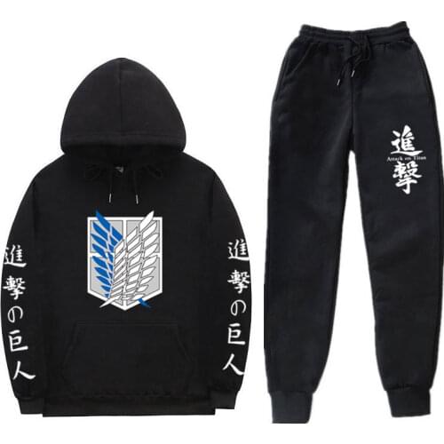 Hot sale Japan Animation Attack on Titan Casual Sets Autumn New Hoodies + Pants Two-Piece Mens And Womens Hip Hop Suits