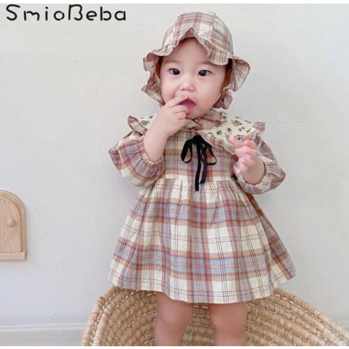 Ins Korean Spring And Summer Baby Girls Rompers With Hats Broken Flower Collar Creeping Suit With Bow And Plaid Korean Jumpsuit