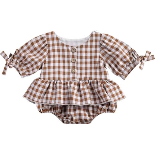 2021 Spring New Baby Girls Long Sleeve Plaid Romper Dress Chocolate Stripe Printed Pattern Round Collar One-Piece Cotton Clothes