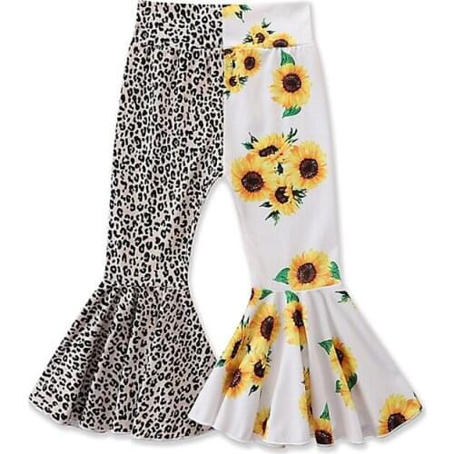 Fashion Children Sunflower Leopard Print Trousers Girls Elastic Waist Splicing Long Flared Pants for Summer Bell-Bottoms