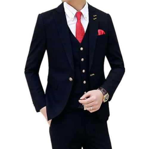 2021 Mens Fashion Slim Wedding Dress Three Piece Suits / Male Single Button Solid Color Suit Stes Jacket Coat Blazer+pants+vest