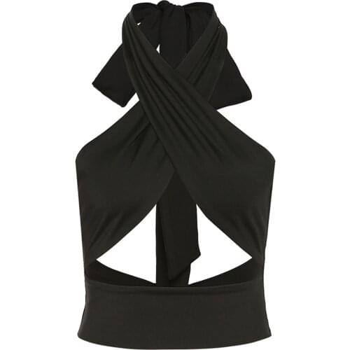 2021 New Style Fashion Female Sexy T-Shirt Solid Color Sleeveless Halterneck Tops Hollow Out Blouse for Summer Black S/M/L