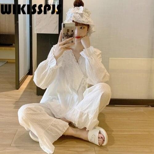 WIKISSPJS 2021 New Palace Style Lace Splicing Sweet Long Sleeve Home Service Hair Band Lounge Sets Loungewear Women Pajama Set