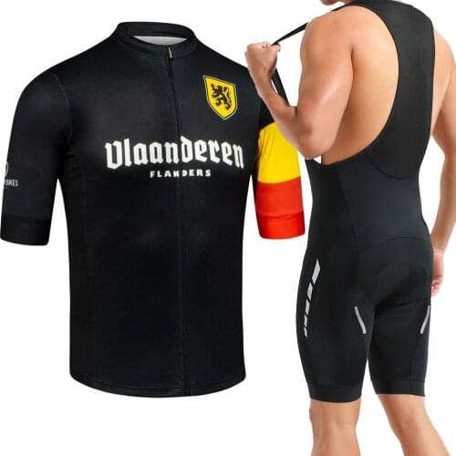 New Summer Mens FLANDERS Cycling Jersey Sets Black Bicycle Clothing Bike Wear Bib Shorts Gel Pad