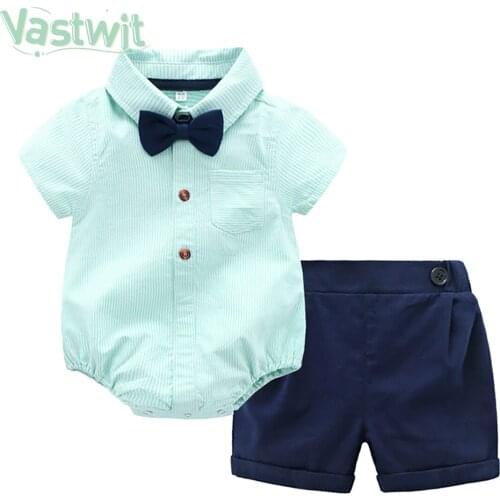 Newborn Baby Boy Clothes Formal Gentleman Suit Stripe Romper Top+Shorts Outfit with Bow Tie 1st First Birthday Baptism Costume