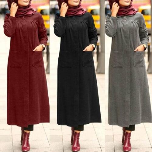 Autumn Womens Muslim Dresses ZANZEA Vintage Button Sweatshirt Dress Casual Long Sleeve Maxi Hoodies Vestidos Plus Size Robe