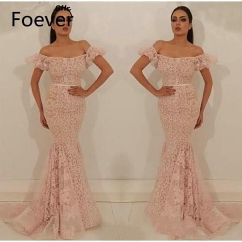 Pink Lace Evening Dresses 2019 Mermaid Off The Shoulder Islamic Long Evening Gown Prom Dress