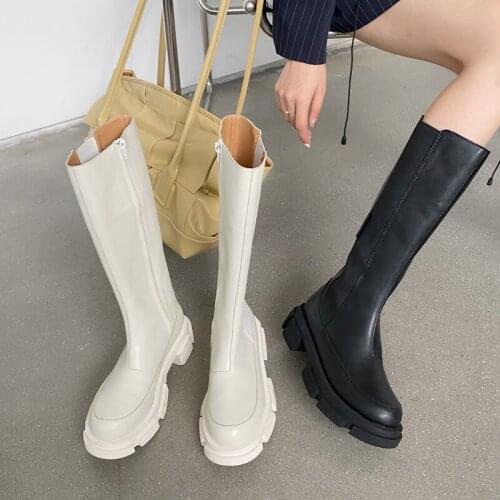 2021 New Mid-Calf Boots Knight Boots High Elastic Women Shoes Round Toe Thick Platform Black Leather Shoes Women Botines Mujer