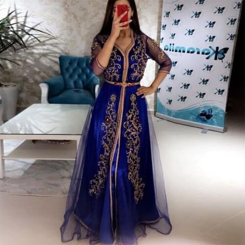 Blue Moroccan Kaftan Prom Dresses Long Sleeves Lace Women Evening Dress Dubai Arabic Muslim Special Occasion Gown Custom Made