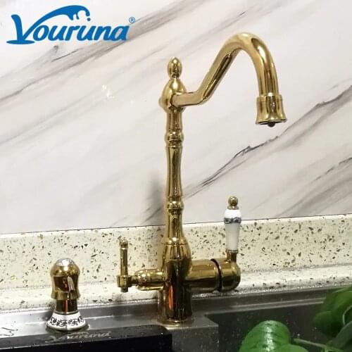 VOURUNA Victoria Golden Tri Flow Kitchen Faucet 3 Way Ro Water Filter Tap Sink Mixer