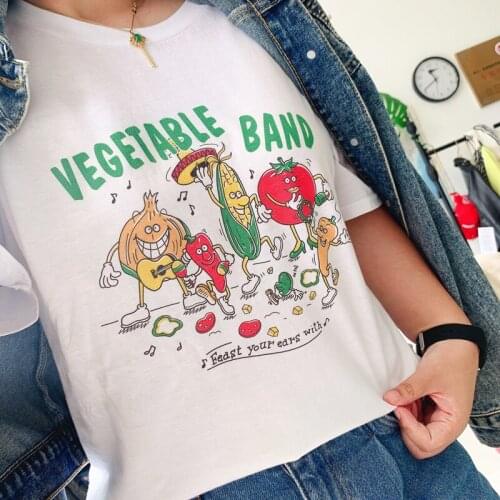 Vegatable Band Print Vintage Fashion T-Shirt Women Oversized Cute Aesthetic Street Style Tee Tumblr Shirt Grunge Clothes