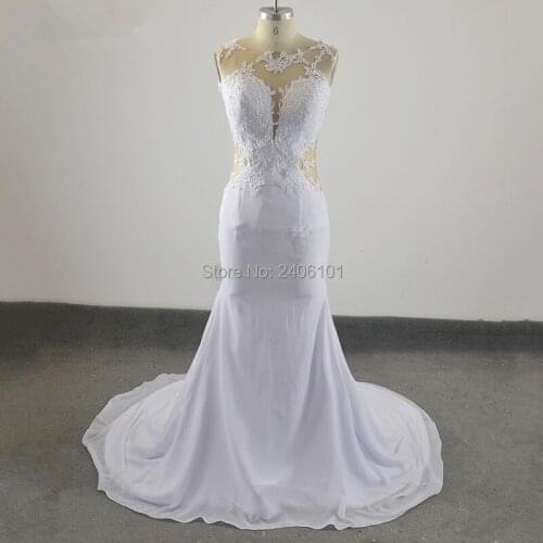 Vintage Lace Appliques Mermaid Gown Sexy See Through Back Chapel Train Trumpet Wedding Party Dress