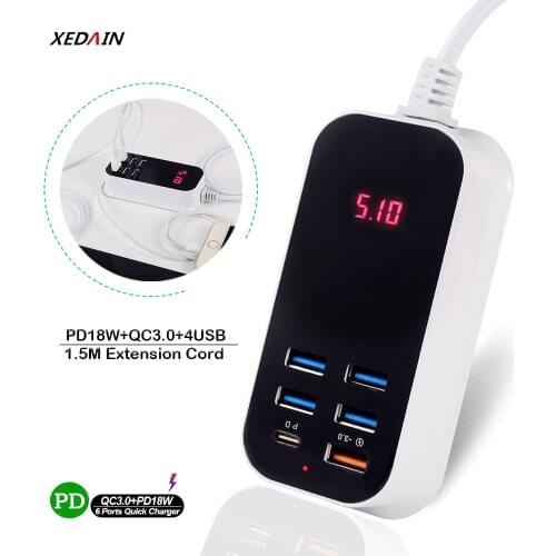 6 Ports PD Fast USB Charger EU Plug Wall Travel Charger Quick Charge QC3.0 Adapter For iphone 12 Xiaomi All Smart Phone Charger