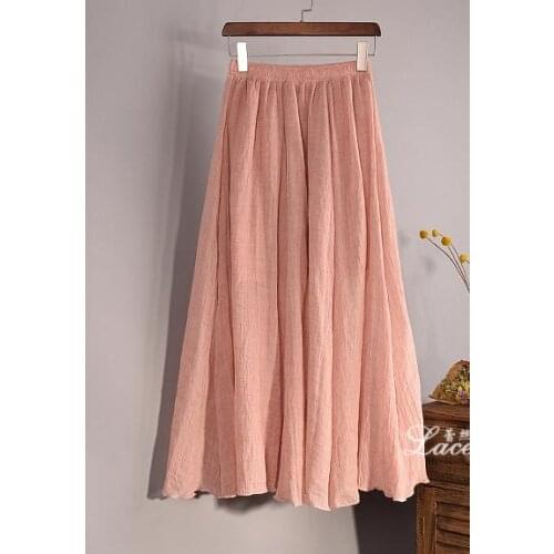 2021 New Women Elegant 16 Color High Waist Elastic Waist Linen Pleated Long Skirts Ladies Slim Casual Skirt Solid color