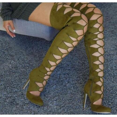 Autumn New Woman Army Green Burgundy Gladiator Thigh High Boots Stiletto Heels Pointed Toe Cuts Out Over The Knee Long Boots