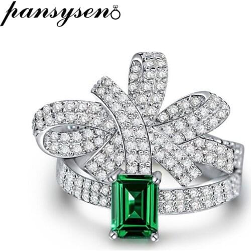 PANSYSEN Real Silver 925 Bowknot 5x7MM Emerald Created Moissanite Diamond Finger Cocktail Rings for Women Fine Jewelry Wholesale