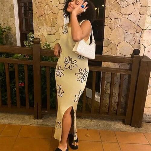 Floral Knit White Dress Sexy Backless Hollowo Out Midi Dress Sleeveless Vintage Print Split Design Harajuku Dress Women Summer