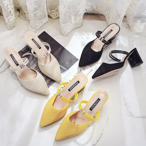 2020 Summer Sandals Dress Party Shoes Knitted Upper High Heel Slipper Womens Mules Ladies Pointed Toe Chunky Heel black yellow